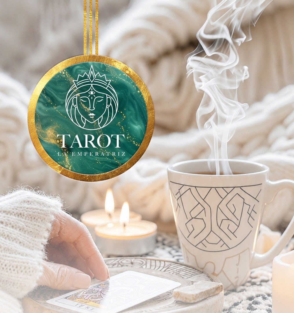 Taza humeante junto a una carta de tarot